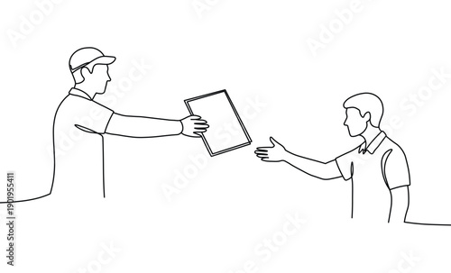 Courier handing cardboard box to customer continuous line art drawing for logistic service