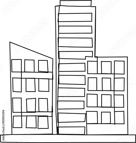 City buildings continuous line drawing. Apartment building continous line illustration. Modern architecture. Business corporate urban skyline, office icon, Multistorey house in doodle style.