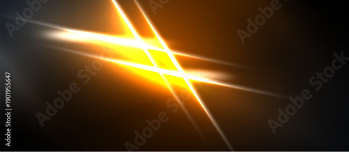 Bright light streaks intersect dark background. Golden hues dominate, creating dynamic visual effect. Energy radiates from central point.