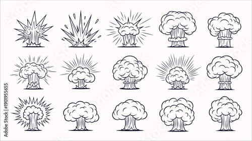 Dynamic Comic Book Style Explosion and Mushroom Cloud Effects Vector Set with Hand-Drawn Bursts, Impact Rays, and Cartoon Blast Shapes in Blue Outline