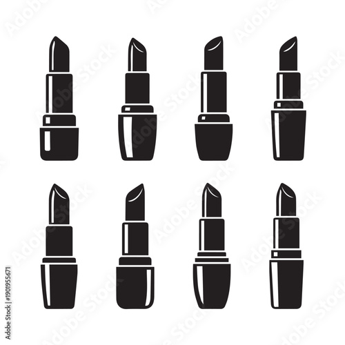 Eight Black Lipstick Icons on White Background, Cosmetic Product Symbols