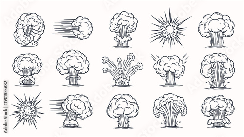 Mixed Comic Book Style Explosion, Mushroom Cloud, and Speed Line Effects Vector Set featuring Dynamic Hand-Drawn Bursts and Motion Graphics in Blue Outline