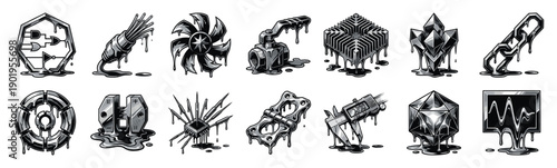 Melting Monochromatic Industrial Hardware and Circuitry Element Kit for Glitch Aesthetic Engineering