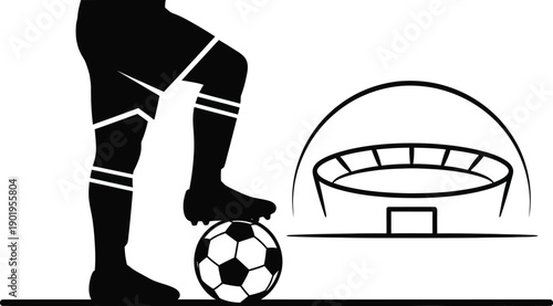 Soccer player with his foot on a ball, with a stadium in the background. Logo for soccer teams, leagues, or sports activity. 