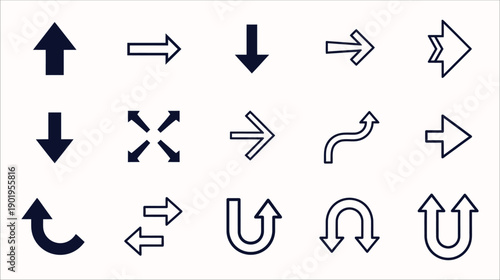 Modern UI UX Arrow Icons Vector Collection in Dark Blue Outline and Solid Styles, Featuring Diverse Directions for Web and App Navigation, Technology, and Digital Interfaces