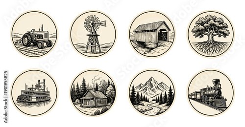 Vintage Linocut Rural Americana Badge Collection for Nostalgic Scrapbooking and Heritage Stationery Design