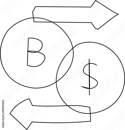 Bitcoin to dollar currency exchange vector icon illustration. Cryptocurrency exchange, digital finance, money transfer.