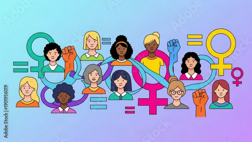 Diverse women unite with equality symbols fists raised high in solidarity and empowerment on a vibrant background