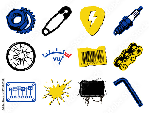 Grungy Punk Rock Graphic Element Kit with Industrial Hardware and Garage Music Symbols for Underground Posters
