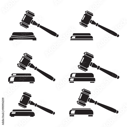 Gavel and Sounding Block Icons Set, Legal Auction Judgment Symbol, Justice Concept, Stock Media