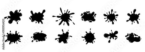 Black smooth ink shiny blob form set. Splash with glossy drops, round abstract shapes silhouette liquid. Soft fluid organic puddle border, frame. Current drops. Ink Paint fall down liquid.