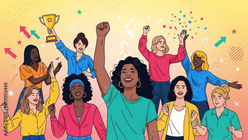 Diverse group of women celebrating success with fists raised and trophy colorful confetti background