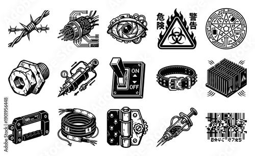 Industrial Cyberpunk Linocut Mechanical Elements Asset Sheet for Dystopian Sci-Fi Worldbuilding