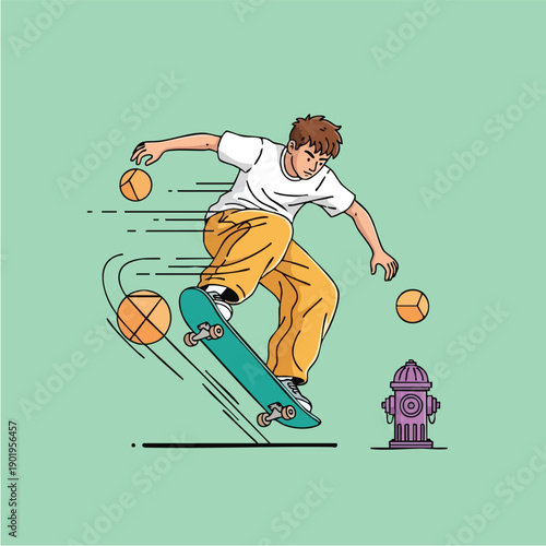 Dynamic Skateboarder Performing Trick with Basketballs and Fire Hydrant.