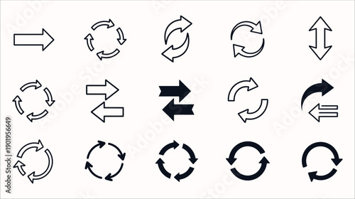 Comprehensive set of dark blue arrow icons featuring a mix of outlines and solid shapes focusing on cycles, refreshes, and directional pointers.