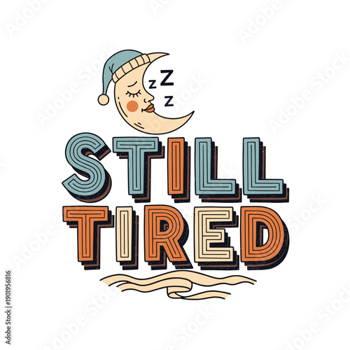 Still Tired Sleeping Moon Cartoon Illustration.