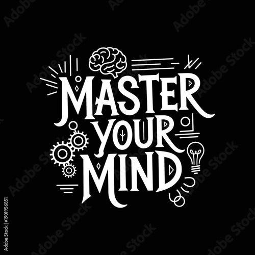 Master Your Mind typography with brain and gears illustration.