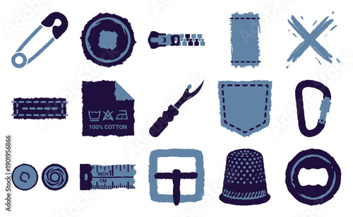 Grungy Woodcut Denim Notions Graphic Set for Tailoring and Textile Design Projects
