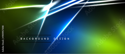 Abstract design features vibrant neon lines, gradients. Dark background contrasts bright blues, greens, white streaks. Modern, dynamic visual.