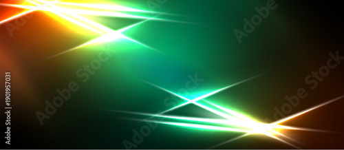 Abstract vibrant light streaks dominate dark background. Green, orange, yellow hues create dynamic visual effect. Brightness contrasts sharply.