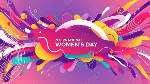 Vibrant international women's day celebration graphic with colorful abstract shapes and bold typography on pink background