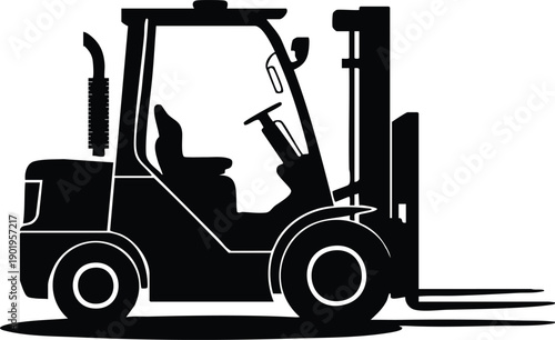 Minimalist Forklift Icon Representing Shipping and Distribution, Stylized Black and White Heavy Machinery Vector Illustration, vector, illustration, silhouette.