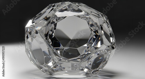 A large diamond sitting on a reflective surface with a dark background