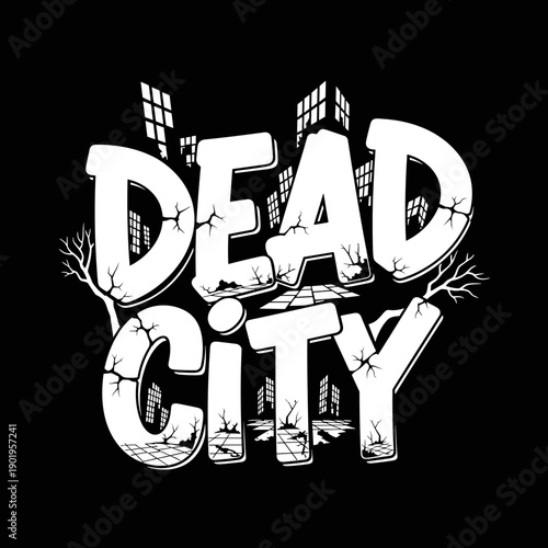 Dead City Text Graphic With Cracked Letters.
