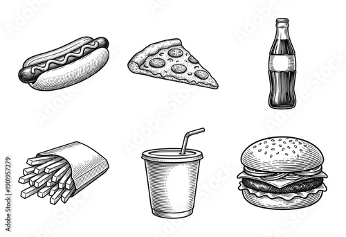 Vintage hand drawn fast food collection featuring a hot dog, pizza slice, soda bottle, french fries, paper cup with straw, and a cheeseburger in a classic woodcut style.