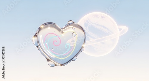 A heart shaped object with a swirly design floats in space