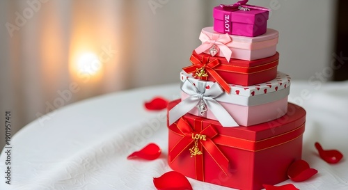 Stacked gift boxes with bows and red rose petals