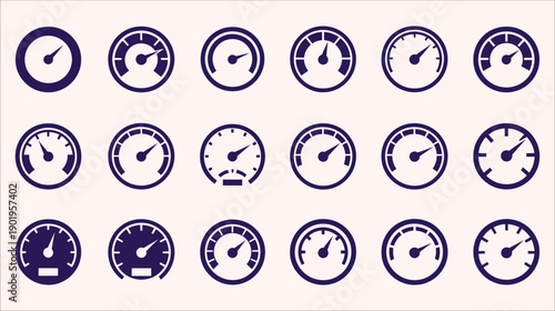 Collection of dark blue circular gauge icons showing varying levels of scale detail and needle positions for data monitoring.