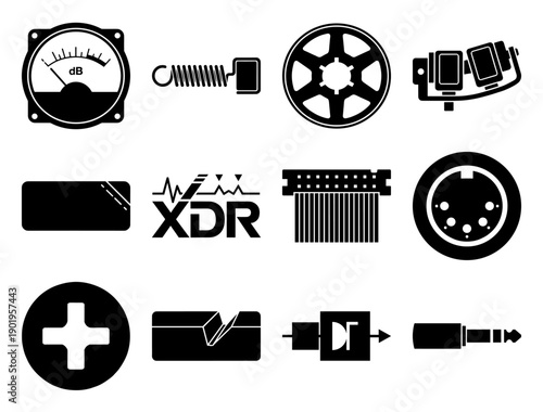 Minimalist Analog Audio Engineering Icons Element Kit for Professional Sound Studio and Hi-Fi Equipment Interfaces