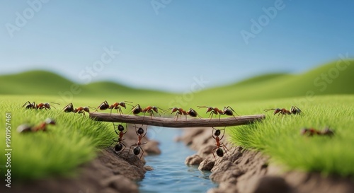 Teamwork ants carrying stick across river illustrating strength of team leadership and strategic solution focus for business