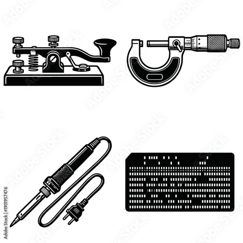 Vintage Woodcut Engineering Tools and Telecommunication Elements Graphic Set for Retro Technology Design