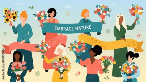Diverse women holding colorful flowers and embracing nature with a banner