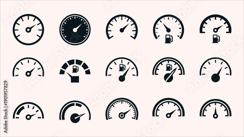 Modern dark blue vector icons of car dashboard gauges and meters for speed, fuel, and engine status