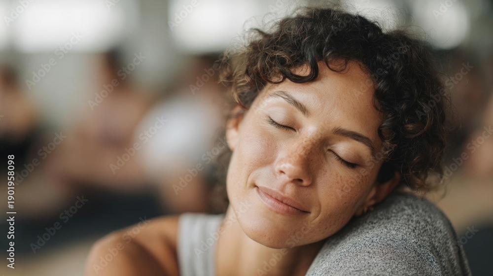 Obraz premium Close-up portrait of a young woman with curly hair. she is resting her head on her arm and her eyes are closed, with a peaceful expression on her face. she appears to be relaxed and comfortable.