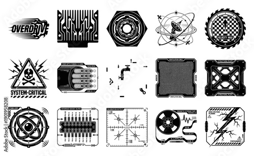 Industrial Cyberpunk Technical Engravings Graphic Element Kit for Sci-Fi Aerospace Interfaces