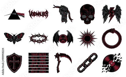 Dark Gothic Grunge Illustration Element Kit for Heavy Metal Music and Underground Streetwear Apparel