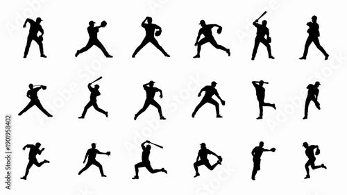 Dynamic Baseball Silhouettes: A collection of dynamic silhouettes capturing the diverse actions of baseball players, each pose telling a story of the sport's energy and agility.