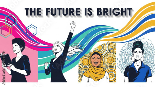 Diverse women in tech future optimism colorful illustration with the future is bright wavy lines four female professionals empowerment concept