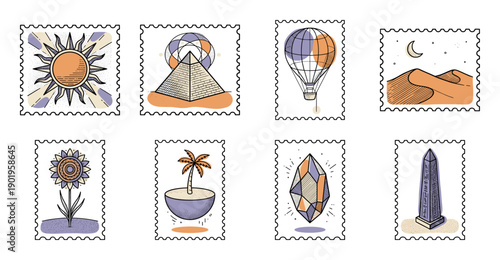 Minimalist Desert Wanderlust Postage Stamp Set for Travel Scrapbooking and Bohemian Stationery Design