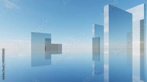 Abstract Geometry Background, Metallic Or Glass Geometric Shape on Water Surface, Surreal Building, Minimal Architectural Design, 3D Rendering