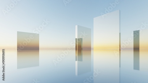 Abstract Geometry Background, Metallic Or Glass Geometric Shape on Water Surface, Surreal Building, Minimal Architectural Design, 3D Rendering