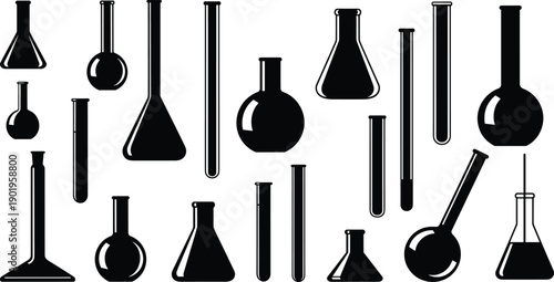Laboratory glassware silhouettes collection including beakers flasks and test tubes, chemistry science equipment set, black and white vector illustration