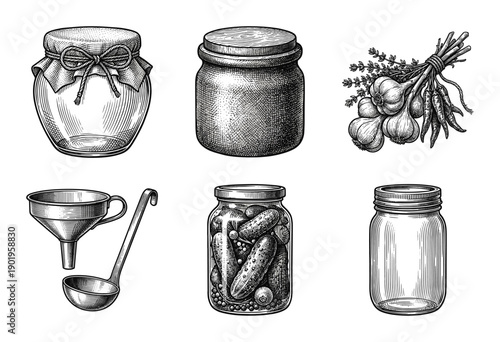 Vintage engraving style collection of glass pickling jars, kitchen utensils, aromatic herbs, and preserved cucumbers for home canning and pantry storage.