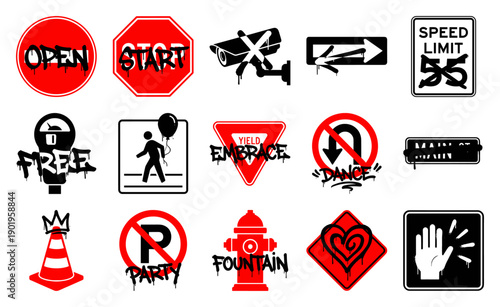 Urban Graffiti Street Sign Graphic Set for Counter-Culture and Rebellion Theme Designs