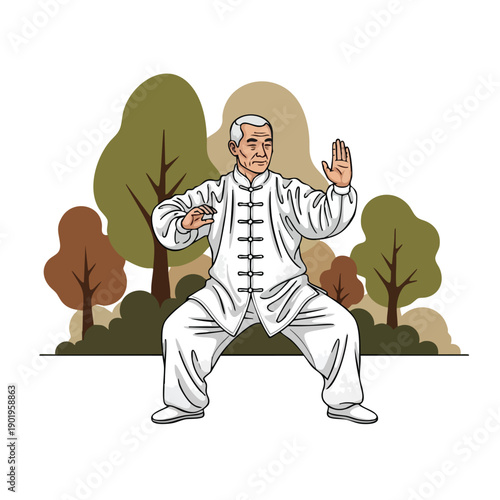 Elderly man practicing Tai Chi in a serene outdoor setting.