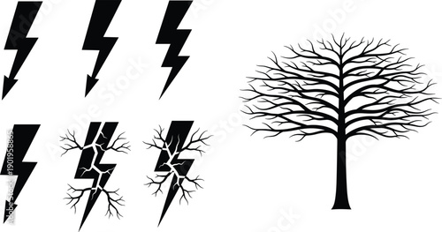 Lightning bolt silhouettes and bare tree illustration set, thunderstorm energy symbols, dramatic black and white vector design collection